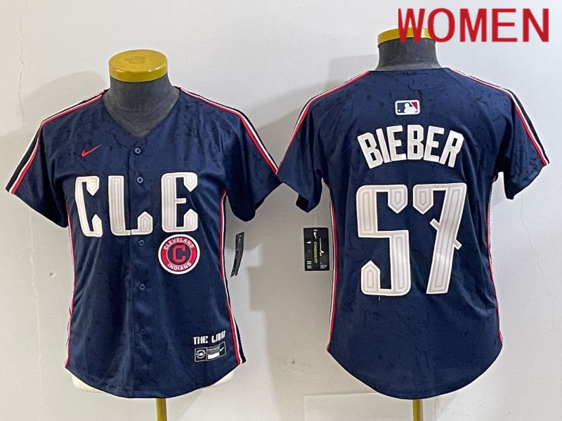 Women Cleveland Indians #57 Bieber Blue City Edition Nike 2024 MLB Jersey style 5